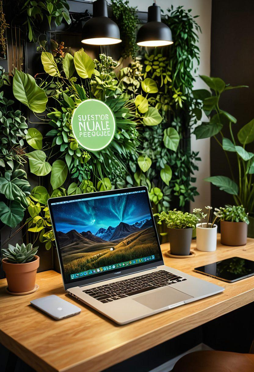 A vibrant resource hub filled with various informative elements on sustainability, featuring a laptop displaying engaging content, surrounded by eco-friendly symbols like leaves, solar panels, and recycling icons. Soft, warm lighting to convey a welcoming atmosphere, with green and earthy tones throughout. The background should suggest a modern workspace, blending nature with technology. vector art. vibrant colors.
