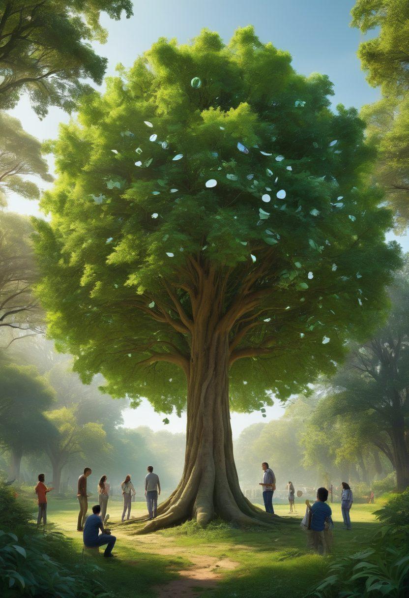 A lush, green landscape featuring diverse trees and a group of people engaged in animated discussions about tree conservation. Incorporate elements like a large tree in the center, leaves forming speech bubbles, and eco-friendly symbols scattered around. The scene should convey a sense of community and passion for sustainability. vibrant colors. super-realistic.