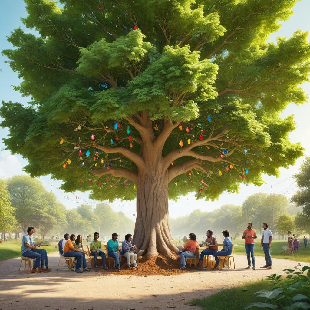 A vibrant illustration of a diverse group of people engaged in lively discussions around a large tree, showcasing eco-friendly practices like recycling, planting seeds, and using solar panels. Include colorful banners promoting tree advocacy and a lush green environment to inspire connection and action. The atmosphere should be bright and inviting, emphasizing community and sustainability. super-realistic. vibrant colors. white background.